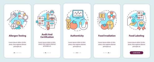 servicios de prueba que incorporan la pantalla de la aplicación móvil. tutorial de etiquetado de alimentos páginas de instrucciones gráficas de 5 pasos con conceptos lineales. interfaz de usuario, ux, plantilla de interfaz gráfica de usuario. innumerables fuentes pro-negrita y regulares utilizadas vector