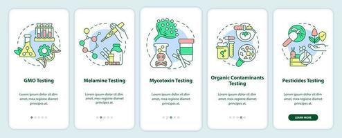 Services onboarding mobile app screen. GMO and melamine testing walkthrough 5 steps graphic instructions pages with linear concepts. UI, UX, GUI template. Myriad Pro-Bold, Regular fonts used vector