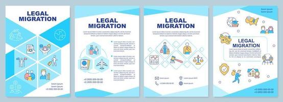 Legal migration blue brochure template. Relocation abroad. Leaflet design with linear icons. 4 vector layouts for presentation, annual reports. Arial-Black, Myriad Pro-Regular fonts used