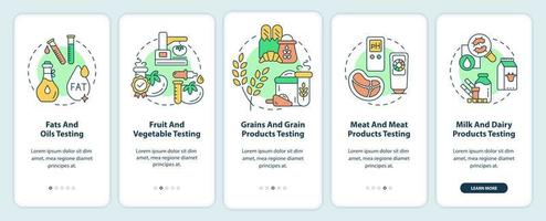 Food manufacturers onboarding mobile app screen. Grains, meat testing walkthrough 5 steps graphic instructions pages with linear concepts. UI, UX, GUI template. Myriad Pro-Bold, Regular fonts used vector