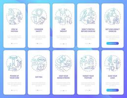 Keeping joints healthy blue gradient onboarding mobile app screen set. Walkthrough 5 steps graphic instructions pages with linear concepts. UI, UX, GUI template. Myriad Pro-Bold, Regular fonts used vector