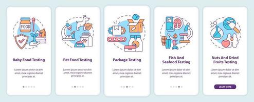 Industries onboarding mobile app screen. Baby and pet food testing walkthrough 5 steps graphic instructions pages with linear concepts. UI, UX, GUI template. Myriad Pro-Bold, Regular fonts used vector