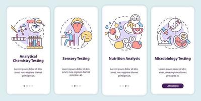 Food testing onboarding mobile app screen. Analytical chemistry testing walkthrough 4 steps graphic instructions pages with linear concepts. UI, UX, GUI template. Myriad Pro-Bold, Regular fonts used vector