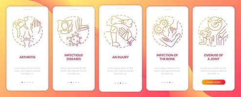 Common joint conditions red gradient onboarding mobile app screen. Walkthrough 5 steps graphic instructions pages with linear concepts. UI, UX, GUI template. Myriad Pro-Bold, Regular fonts used vector