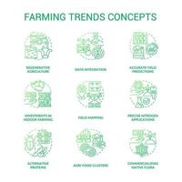 Farming trends green gradient concept icons set. Innovations in agriculture idea thin line color illustrations. Isolated symbols. Editable stroke. Roboto-Medium, Myriad Pro-Bold fonts used vector