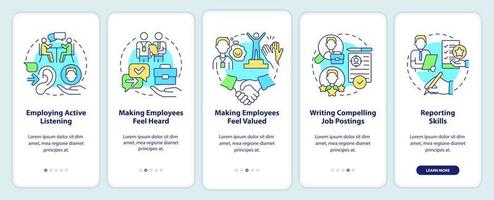 HR professional skills onboarding mobile app screen. Recruitment walkthrough 5 steps graphic instructions pages with linear concepts. UI, UX, GUI template. Myriad Pro-Bold, Regular fonts used vector