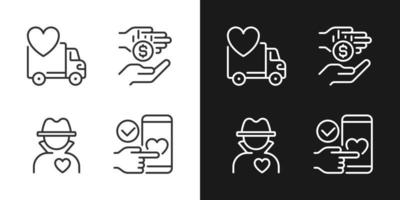 Public charity pixel perfect linear icons set for dark, light mode. Donating motor vehicle. Anonymous donor. Thin line symbols for night, day theme. Isolated illustrations. Editable stroke vector