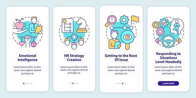 HR soft skills onboarding mobile app screen. Hiring work walkthrough 4 steps graphic instructions pages with linear concepts. UI, UX, GUI template. Myriad Pro-Bold, Regular fonts used vector