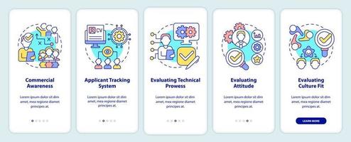 Habilidades de recursos humanos para la pantalla de aplicación móvil de incorporación de negocios. tutorial de tecnología 5 pasos páginas de instrucciones gráficas con conceptos lineales. interfaz de usuario, ux, plantilla de interfaz gráfica de usuario. innumerables fuentes pro-negrita y regulares utilizadas vector