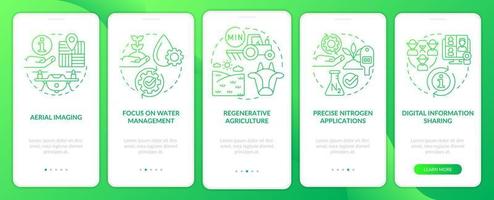 Trends in agriculture green gradient onboarding mobile app screen. Walkthrough 5 steps graphic instructions pages with linear concepts. UI, UX, GUI template. Myriad Pro-Bold, Regular fonts used