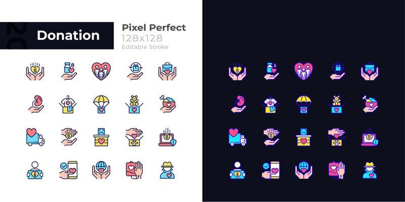 Donation opportunities pixel perfect light and dark theme color icons set. Giving items away. Charitable organization. Simple filled line drawings. Bright cliparts on white and black. Editable stroke