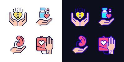 Donation to healthcare organizations pixel perfect light and dark theme color icons set. Safe medication disposal. Simple filled line drawings. Bright cliparts on white and black. Editable stroke vector
