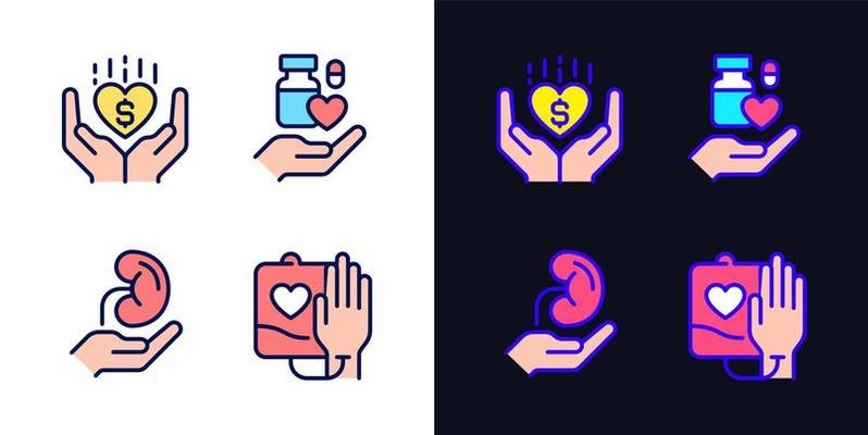 Donation to healthcare organizations pixel perfect light and dark theme color icons set. Safe medication disposal. Simple filled line drawings. Bright cliparts on white and black. Editable stroke