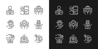 Donating to multiple charities pixel perfect linear icons set for dark, light mode. Charitable organization. Thin line symbols for night, day theme. Isolated illustrations. Editable stroke vector