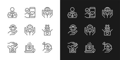 Donating to multiple charities pixel perfect linear icons set for dark, light mode. Charitable organization. Thin line symbols for night, day theme. Isolated illustrations. Editable stroke vector