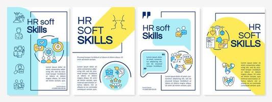 HR soft skills blue and yellow brochure template. Employment process. Leaflet design with linear icons. 4 vector layouts for presentation, annual reports. Questrial, Lato-Regular fonts used