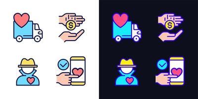 Public charity pixel perfect light and dark theme color icons set. Donating motor vehicle. Anonymous donor. Simple filled line drawings. Bright cliparts on white and black. Editable stroke vector