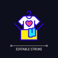 Clothes donation pixel perfect RGB color icon for dark theme. Donating clothing. Give away goods for free. Simple filled line drawing on night mode background. Editable stroke. Arial font used vector