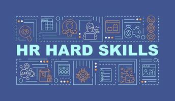 HR hard skills word concepts dark blue banner. Technology for employment. Infographics with icons on color background. Isolated typography. Vector illustration with text. Arial-Black font used