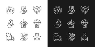 Volunteer opportunities pixel perfect linear icons set for dark, light mode. Monetary donation. Social responsibility. Thin line symbols for night, day theme. Isolated illustrations. Editable stroke vector