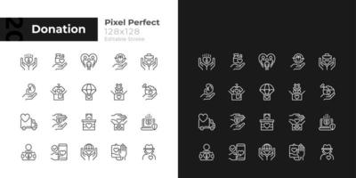 Donation opportunities pixel perfect linear icons set for dark, light mode. Giving items away. Charitable organization. Thin line symbols for night, day theme. Isolated illustrations. Editable stroke