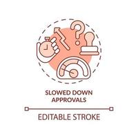 Slowed down approvals red concept icon. Decision making time. BPA challenges abstract idea thin line illustration. Isolated outline drawing. Editable stroke. Arial, Myriad Pro-Bold fonts used vector