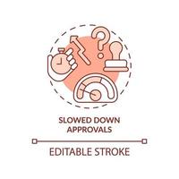 Slowed down approvals red concept icon. Decision making time. BPA challenges abstract idea thin line illustration. Isolated outline drawing. Editable stroke. Arial, Myriad Pro-Bold fonts used vector