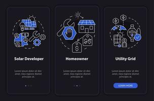 Power purchase agreements night mode onboarding mobile app screen. PPA walkthrough 3 steps graphic instructions pages with linear concepts. UI, UX, GUI template. Myriad Pro-Bold, Regular fonts used vector