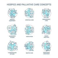 Hospice and palliative care turquoise concept icons set. Patient service. Medicine and healthcare idea thin line color illustrations. Isolated symbols. Roboto-Medium, Myriad Pro-Bold fonts used vector