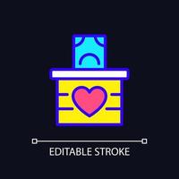 Money donation pixel perfect RGB color icon for dark theme. Cash charitable contributions. Generous benefaction. Simple filled line drawing on night mode background. Editable stroke. Arial font used vector