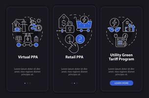 Types of PPA night mode onboarding mobile app screen. Contracts walkthrough 3 steps graphic instructions pages with linear concepts. UI, UX, GUI template. Myriad Pro-Bold, Regular fonts used vector