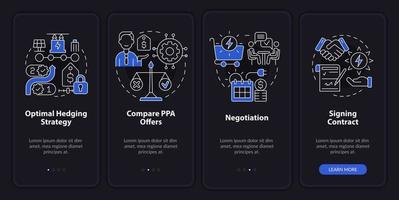 PPA work night mode onboarding mobile app screen. Electric energy walkthrough 4 steps graphic instructions pages with linear concepts. UI, UX, GUI template. Myriad Pro-Bold, Regular fonts used vector