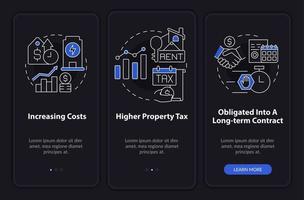 Disadvantages of PPA night mode onboarding mobile app screen. Issues walkthrough 3 steps graphic instructions pages with linear concepts. UI, UX, GUI template. Myriad Pro-Bold, Regular fonts used vector