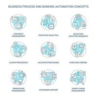 Business process and banking automation turquoise concept icons set. Autonomous tasks idea thin line color illustrations. Isolated symbols. Editable stroke. Roboto-Medium, Myriad Pro-Bold fonts used. vector