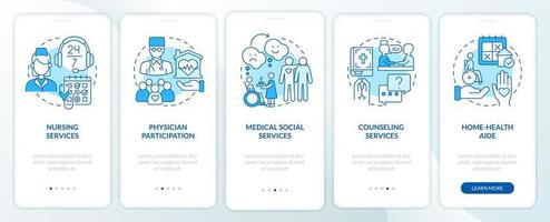 Provided services of hospice care blue onboarding mobile app screen. Walkthrough 5 steps graphic instructions pages with linear concepts. UI, UX, GUI template. Myriad Pro-Bold, Regular fonts used vector