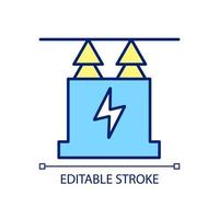 Power transformer blue and yellow RGB color icon. Electricity generating substation equipment. Isolated vector illustration. Simple filled line drawing. Editable stroke. Arial font used