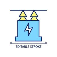 Power transformer blue and yellow RGB color icon. Electricity generating substation equipment. Isolated vector illustration. Simple filled line drawing. Editable stroke. Arial font used