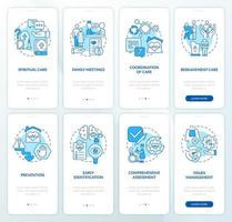 Conjunto de pantalla de aplicación móvil de incorporación azul de hospicio y cuidados paliativos. tutorial 4 pasos páginas de instrucciones gráficas con conceptos lineales. interfaz de usuario, ux, plantilla de interfaz gráfica de usuario. innumerables fuentes pro-negrita y regulares utilizadas vector