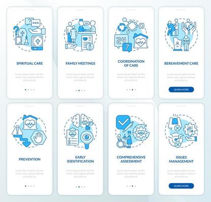 Hospice and palliative care blue onboarding mobile app screen set. Walkthrough 4 steps graphic instructions pages with linear concepts. UI, UX, GUI template. Myriad Pro-Bold, Regular fonts used