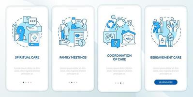 Hospice care blue onboarding mobile app screen. Medical service walkthrough 4 steps graphic instructions pages with linear concepts. UI, UX, GUI template. Myriad Pro-Bold, Regular fonts used vector