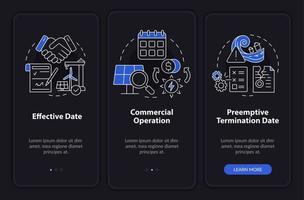 Contract timeline of PPA night mode onboarding mobile app screen. Walkthrough 3 steps graphic instructions pages with linear concepts. UI, UX, GUI template. Myriad Pro-Bold, Regular fonts used vector