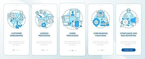 pantalla de aplicación móvil de incorporación azul de banca automatizada. tutorial de funcionamiento autónomo páginas de instrucciones gráficas de 5 pasos con conceptos lineales. interfaz de usuario, ux, plantilla de interfaz gráfica de usuario. innumerables fuentes pro-negrita y regulares utilizadas vector