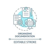 Organizing documentation turquoise concept icon. Benefits of BPA in banking abstract idea thin line illustration. Isolated outline drawing. Editable stroke. Arial, Myriad Pro-Bold fonts used vector