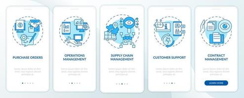 Business automation blue onboarding mobile app screen. Walkthrough 5 steps graphic instructions pages with linear concepts. UI, UX, GUI template. Myriad Pro-Bold, Regular fonts used vector