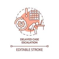 Delayed case escalation red concept icon. Repeatable tasks. BPA challenges abstract idea thin line illustration. Isolated outline drawing. Editable stroke. Arial, Myriad Pro-Bold fonts used vector