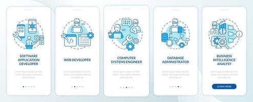 Jobs coders can get blue onboarding mobile app screen. Developer walkthrough 5 steps graphic instructions pages with linear concepts. UI, UX, GUI template. Myriad Pro-Bold, Regular fonts used vector