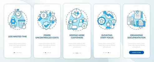 Benefits of BPA in banking blue onboarding mobile app screen. Walkthrough 5 steps graphic instructions pages with linear concepts. UI, UX, GUI template. Myriad Pro-Bold, Regular fonts used vector