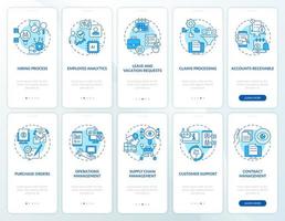 conjunto de pantalla de aplicación móvil de incorporación azul de automatización empresarial y bancaria. tutorial 5 pasos páginas de instrucciones gráficas con conceptos lineales. interfaz de usuario, ux, plantilla de interfaz gráfica de usuario. innumerables fuentes pro-negrita y regulares utilizadas vector