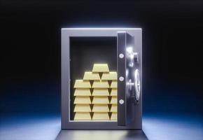 ilustración 3d una caja de seguridad abierta con una pila de lingotes de oro en su interior. foto