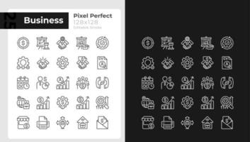 Business management pixel perfect linear icons set for dark, light mode. Thin line symbols for night, day theme. Isolated illustrations. Editable stroke. vector